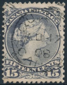 Lot 61, Canada 1868 fifteen cent deep violet Large Queen on thick paper, Fine c.d.s., sold for C$1,111