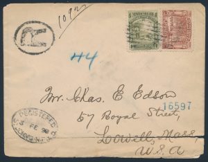 Ex-Lot 729, Group of 25 Newfoundland covers franked with 1897 Discovery Issue, sold for C$731