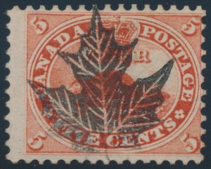 Lot 649, Canada five cent red Beaver with fancy leaf cancel, sold for C$731
