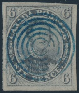 Lot 5, Canada 1851 six pence slate violet Consort on laid paper, XF with blue-green target cancel