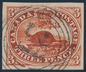 Lot 20, Canada 1852 deep red Three Penny Beaver, XF with crisp 4-ring cancel