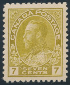 Lot 266, Canada 1915-16 seven cent greenish yellow Admiral, XF NH
