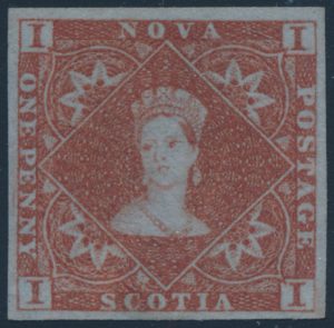 Lot 530, Nova Scotia 1853 one pence red brown Victoria, XF o.g.