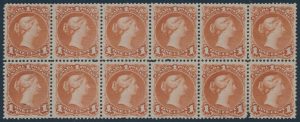 Lot 58, Canada 1868 one cent brown red Large Queen, mint block of twelve
