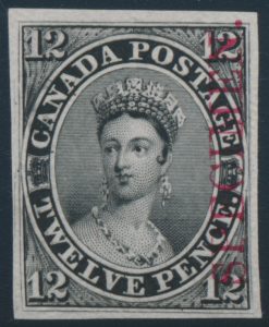 Lot 9, Canada twelve penny black plate proof with vertical SPECIMEN overprint