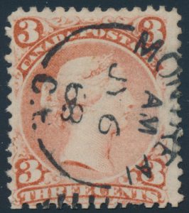 Lot 136, Canada 1868 three cent red Large Queen on laid paper with Montreal datestamp, Fine