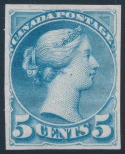 Lot 160, Canada five cent Small Queen trial colour die proof in bright blue on india paper