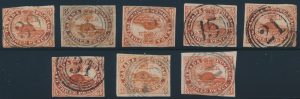 Lot 17, Canada collection of eight Three Penny Beaver imperforates with 4-ring numerals, sold for C$1,404