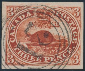 Lot 20, Canada 1852 three penny deep red Beaver XF with 4-ring #21, sold for C$643