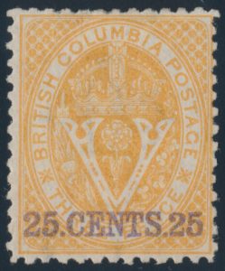Lot 277, British Columbia 1869 25c on three pence orange Seal, Fine mint hinged