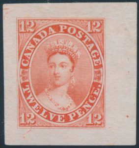 Lot 29, Canada twelve pence Victoria trial colour "scar" die proof in vermilion on india paper