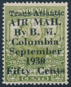 Lot 479, Newfoundland 1930 fifty cent on thirty-six cent Columbia Flight surcharge, VF lightly hinged