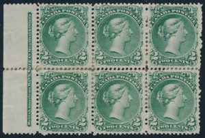 Lot 68, Canada 1868 two cent green Large Queen VF Mint block of six on unwatermarked Bothwell papersold for C$11,700