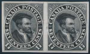 Lot 100, Canada seventeen cent Cartier trial colour plate proof VF horizontal pair in black