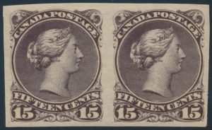 Lot 131, Canada 1868 fifteen cent brown purple Large Queen, XF mint o.g horizontal pair