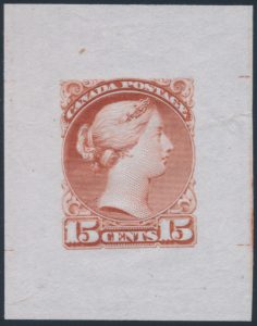 Lot 182, Canada 15c Small Queen engraved die essay in brown red, very fine