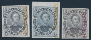 Lot 18, Canada six pence Consort trial colour plate proof group of three different