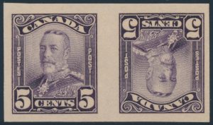 Lot 239, Canada 1928 five cent deep violet KGV Scroll imperf narrow gutter tête-bêche pair, VF mint
