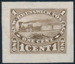 Lot 294, New Brunswick one cent Locomotive Goodall trial colour die essay in yellow brown
