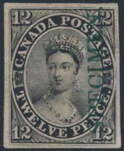 Lot 31, Canada twelve penny Victoria plate proof in black with SPECIMEN overprint in green