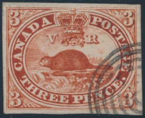 Lot 33, Canada 1852 three penny deep red Beaver, VF used