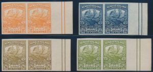 High values from Lot 444, Newfoundland 1919 Trail of Caribou set in horizontal pairs, mint unused