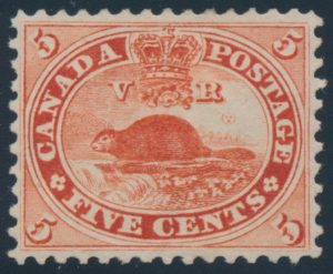 Lot 76, Canada 1859 five cent vermilion Beaver, XF mint o.g., sold for $2,574