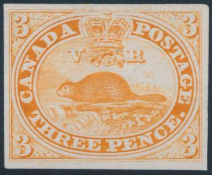 Lot 12, Canada three penny Beaver trial colour plate proof in orange yellow, sold for C$438