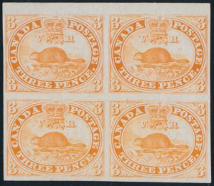 Lot 13, Canada three pence Beaver trial colour plate proof block of four in orange yellow, sold for C$3,042