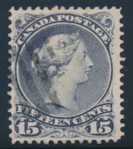 Lot 134, Canada 1868 fifteen cent deep violet Large Queen on very thick paper, F-VF with cork cancel, sold for C$468