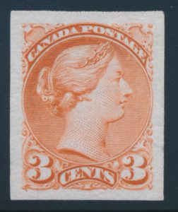 Lot 157, Canada three cent Small Queen plate proof in orange red, on India paper