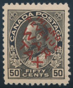 Lot 180, Canada 1915 fifty cent black Admiral INLAND REVENUE TAX overprint, XF NH