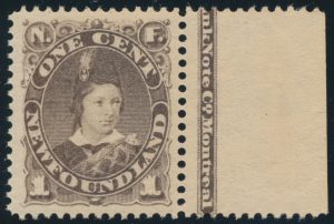 Lot 317, Newfoundland 1896 one cent brown Prince of wales, mint right sheet margin single with imprint, XF NH