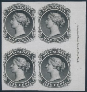 Lot 332, Nova Scotia one cent Victoria plate proof VF block of four in black, sold for C$292