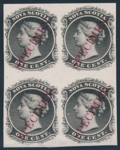 Lot 333, Nova Scotia one cent Queen Victoria plate proof block of four in black, sold for C$438