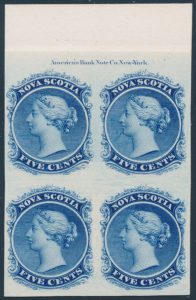 Lot 349, Nova Scotia five cent Queen Victoria VF plate proof block of four in blue, sold for C$555