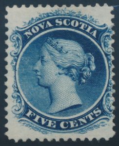 Lot 352, Nova Scotia 1860 five cent dark blue Queen Victoria, Fine mint, sold for $263