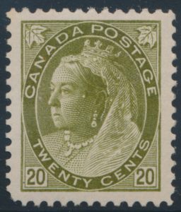 Lot 78, Canada 1900 twenty cent olive green Queen Victoria Numeral, XF NH