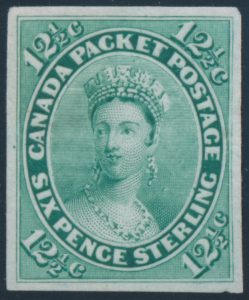 Lot 87, Canada twelve and a half cents Queen Victoria trial colour plate proof in blue green, sold for C$497