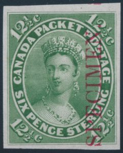 Lot 93, Canada twelve and a half cent Victoria plate proof in yellow green with vertical SPECIMEN, sold for C$1,053