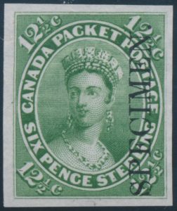 Lot 94 Canada 12½c Queen Victoria VF plate proof in yellow green with vertical SPECIMEN overprint in Black, on India paper, very fine