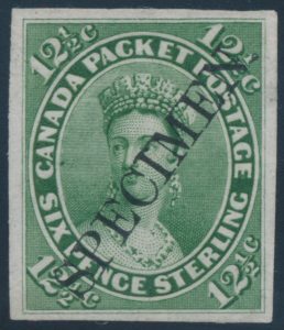 Lot 95, Canada twelve and a half cent Queen Victoria plate proof in yellow green with diagonal SPECIMEN, sold for C$819