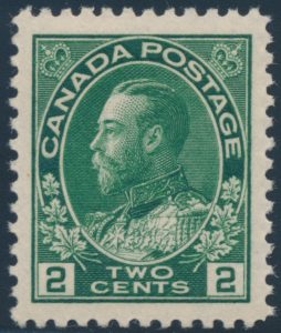 Lot 117, Canada two cent green Admiral, wet printing, XF NH, sold for C$468