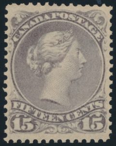 Lot 12, Canada 1868 fifteen cent slate purple Large Queen, VF NH, sold for C$1,228