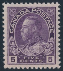 Lot 130, Canada 1925 five cent violet Admiral with redrawn line in upper right spandrel, XF NH, sold for C$672