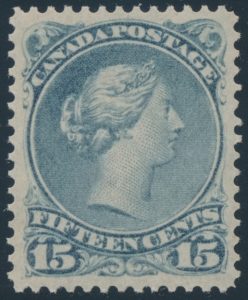 Lot 14, Canada 1875 fifteen cent blue grey Large Queen, XF NH, sold for C$2,223
