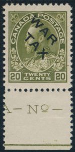 Lot 177, Canada 1915 twenty cent olive green Admiral War Tax XF NH, sold for C$1,053