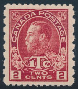 Lot 188, Canada 1916 2c + 1c carmine Admiral War Tax, XF NH, sold for C$526