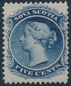 Lot 281, Nova Scotia 1860 five cent blue Queen Victoria on white paper, NH fine, sold for C$731