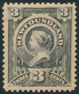 Lot 326, Newfoundland 1890 three cent slate Queen Victoria, XF NH, sold for C$380
